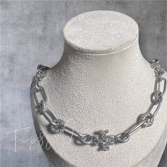 NEW Tory Burch Silver and Pave Roxanne Chunky Necklace - Picture 1 of 4